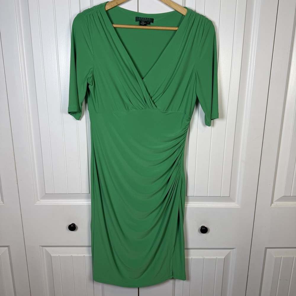Lauren Ralph Lauren Ruched Faux-Wrap Midi Dress Women's Size 10 Kelly Green